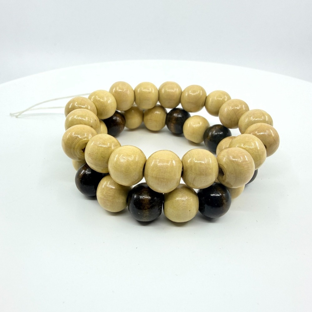Vintage Boho Wood Bead Stretch Bracelet Set - Natural & Dark Brown